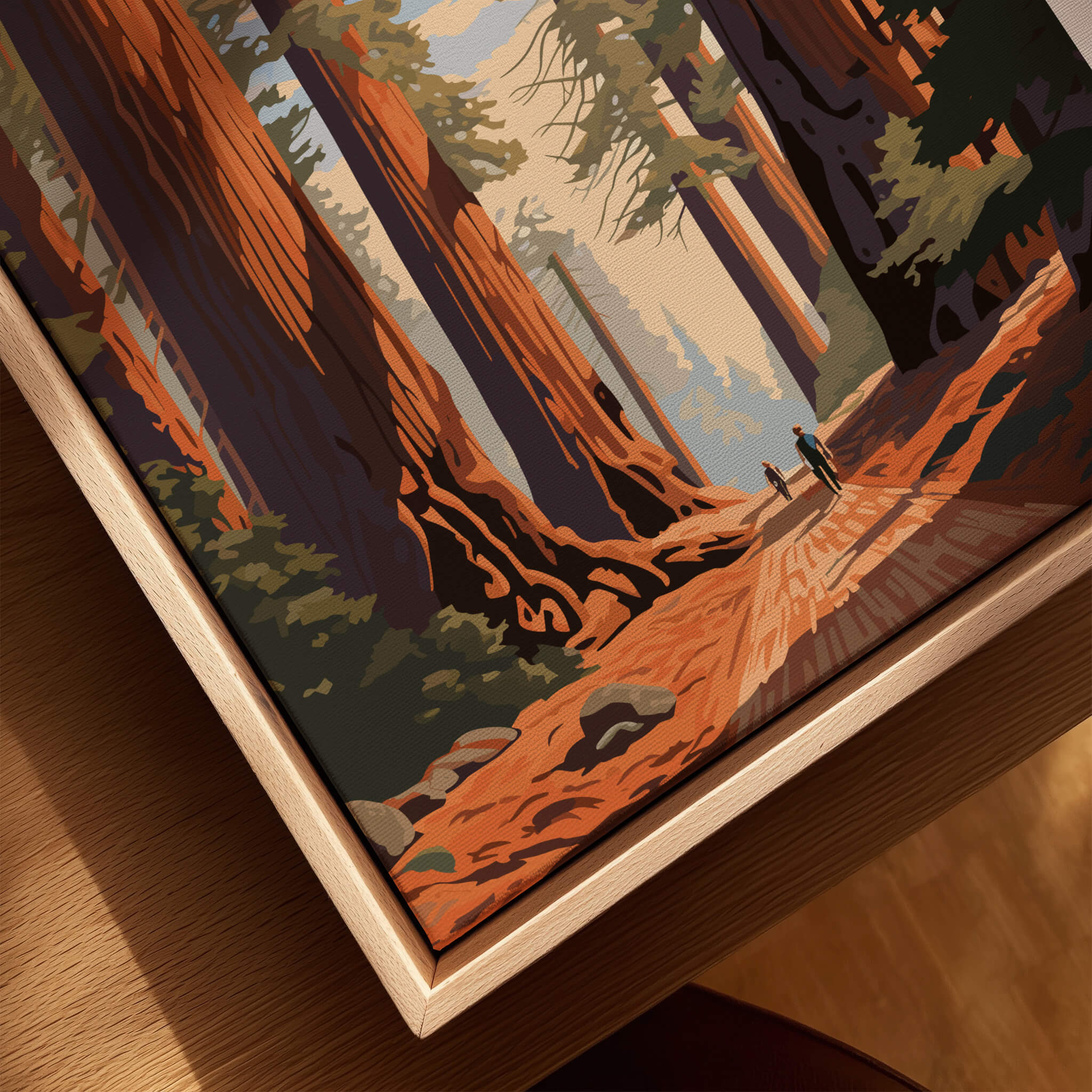 Sequoia Poster | National Park featuring a tranquil landscape with towering trees and hikers on a scenic trail.