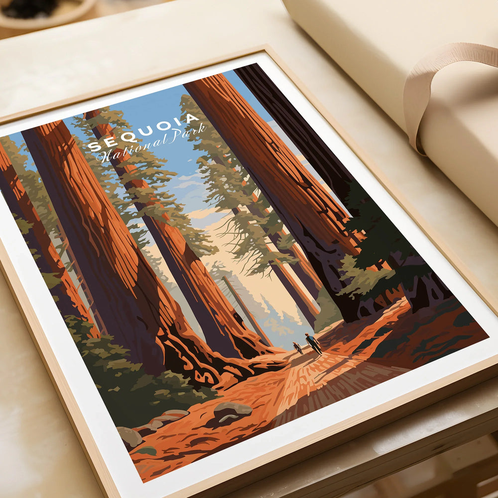 Framed Sequoia National Park art print closeup with giant redwood trees and hikers, unwrapped.