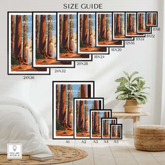Sequoia Poster | National Park size guide showcasing different frame sizes in a stylish living space.