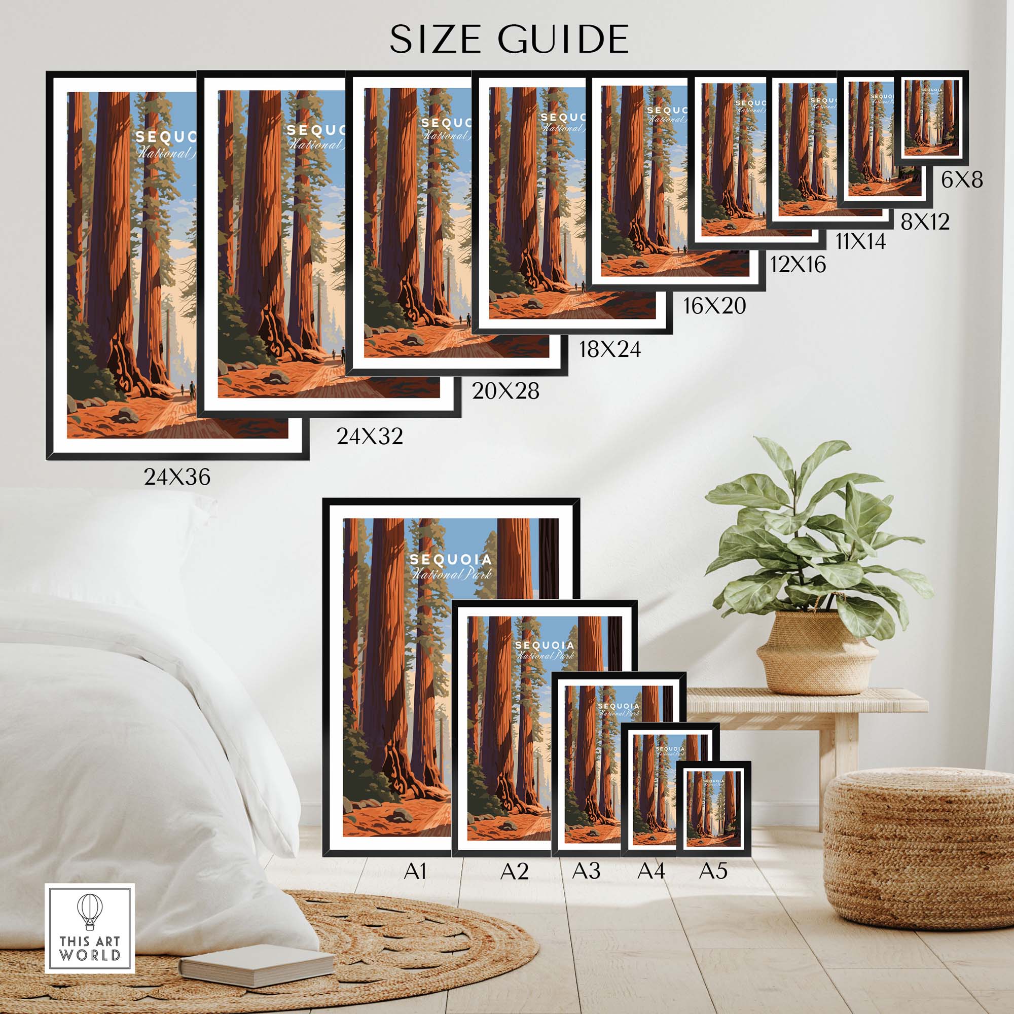 Sequoia Poster | National Park size guide showcasing different frame sizes in a stylish living space.