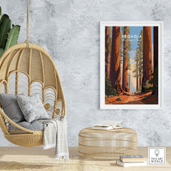 Sequoia Poster | National Park featuring a serene forest scene in a stylish living space with bohemian decor.