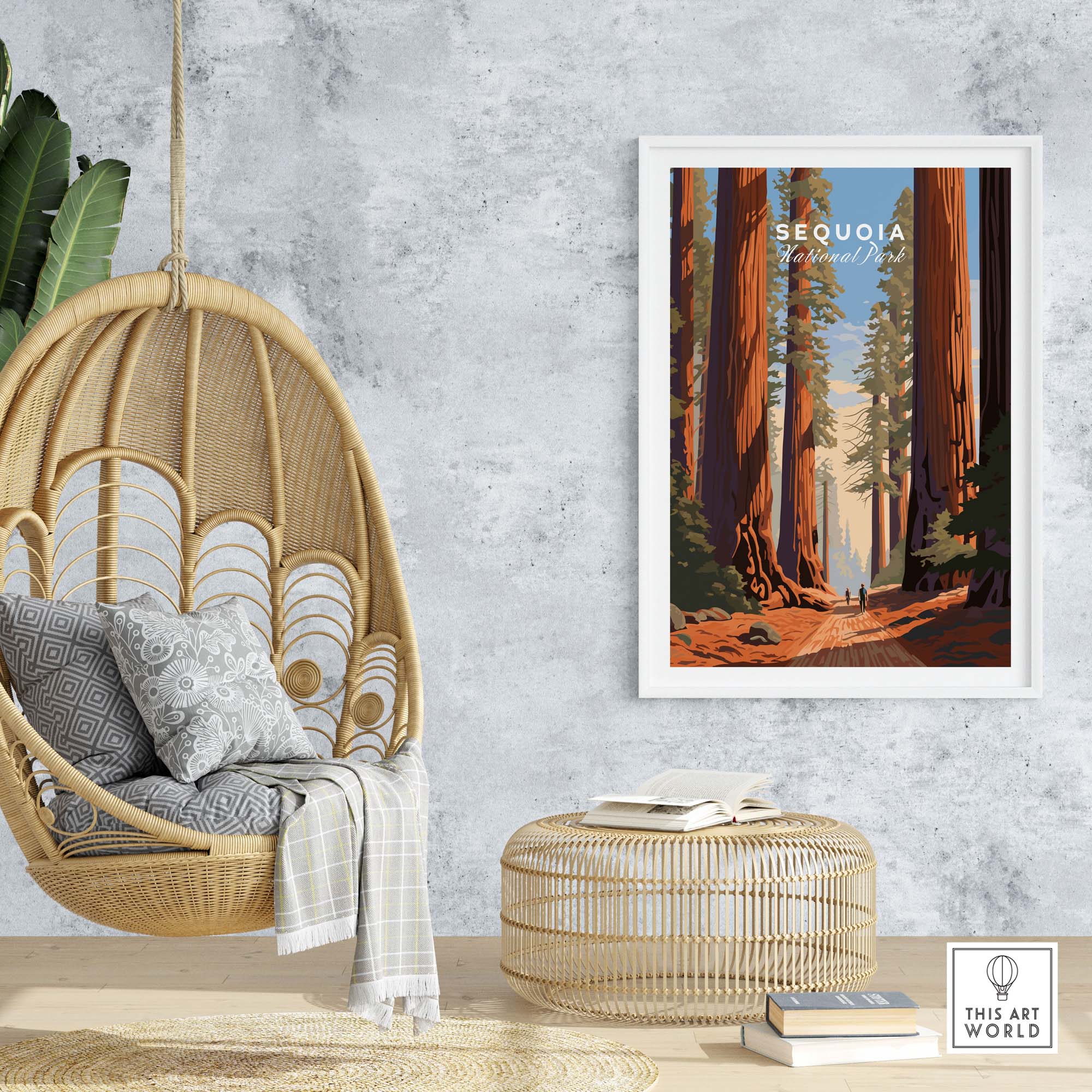 Sequoia Poster | National Park featuring a serene forest scene in a stylish living space with bohemian decor.