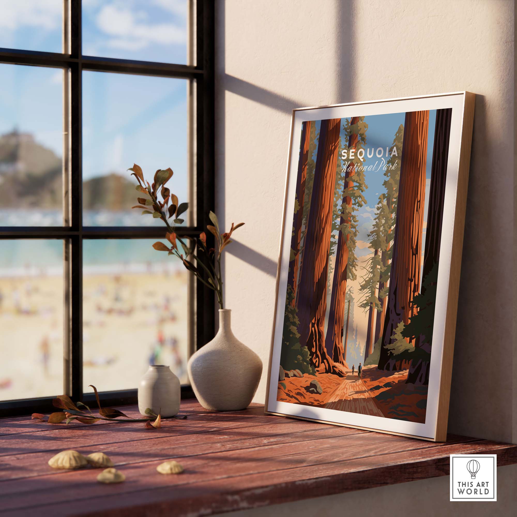 Sequoia Poster | National Park displayed in a bright interior with a view of the outdoors.