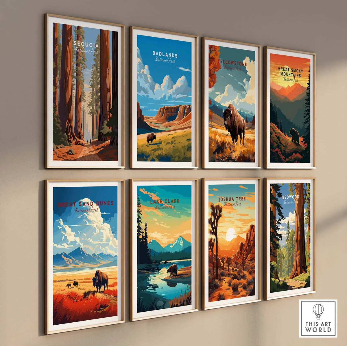 Sequoia Poster | National Park collection displayed on a wall, featuring various national park art prints.