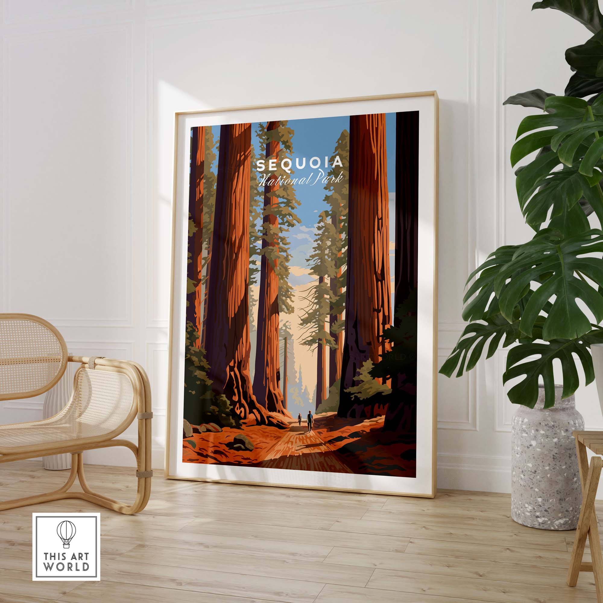 Sequoia Poster | National Park framed art print showcasing towering sequoia trees and a serene nature path.