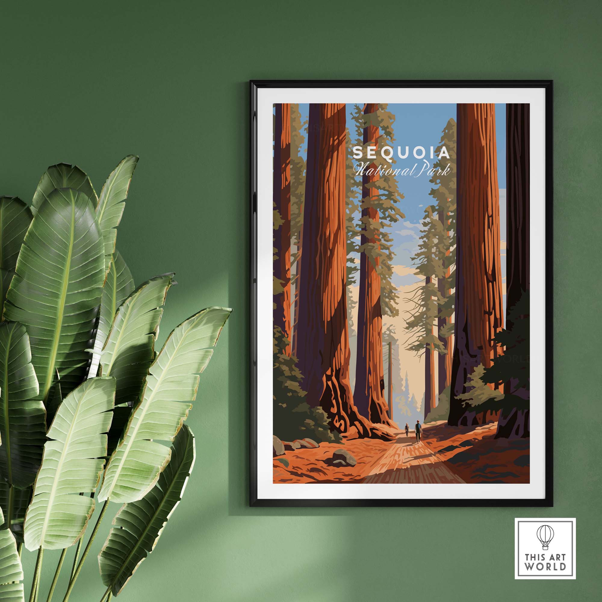 Sequoia Poster | National Park framed art print on a green wall with tropical plants backdrop.