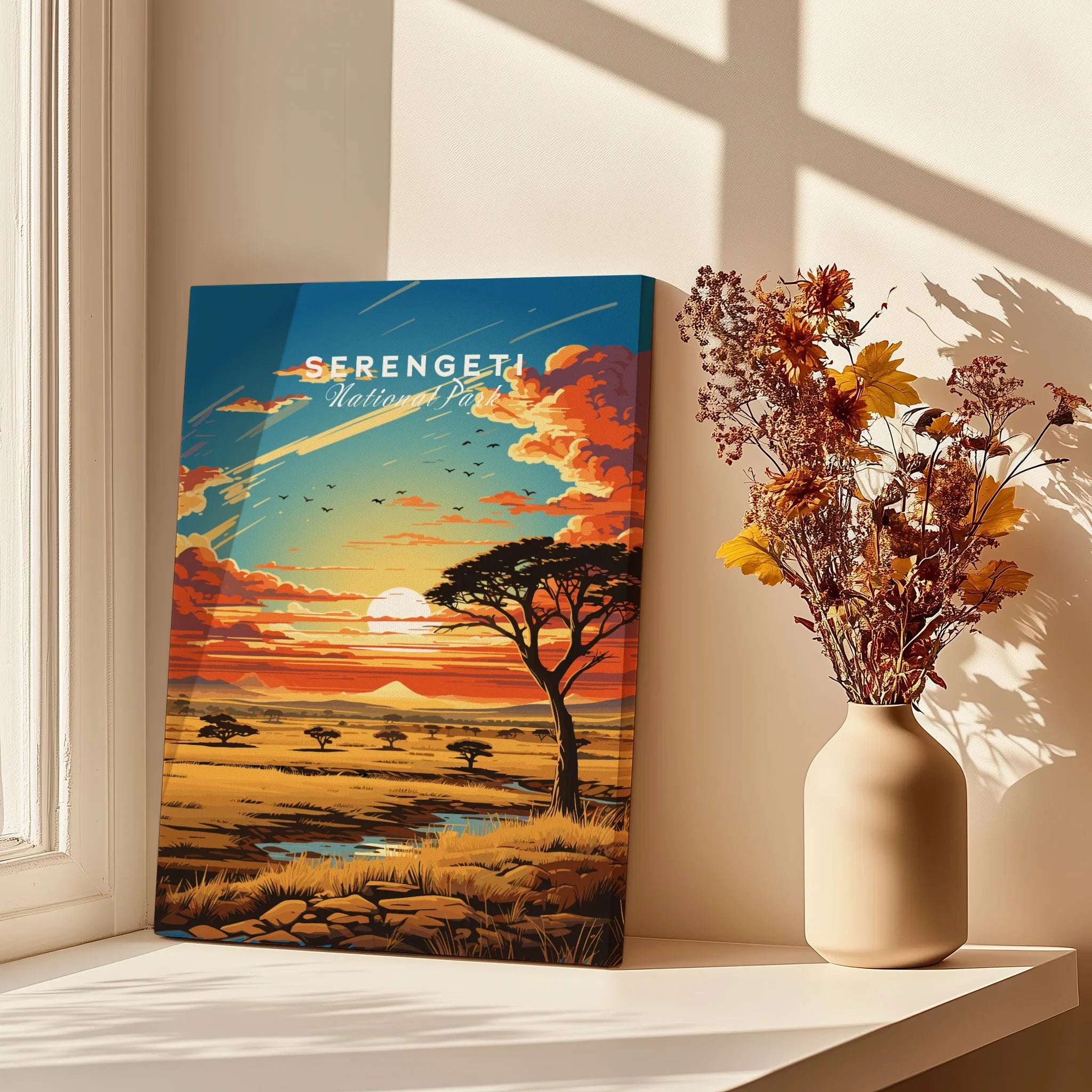 Serengeti National Park canvas art print on windowsill with dried flowers in vase