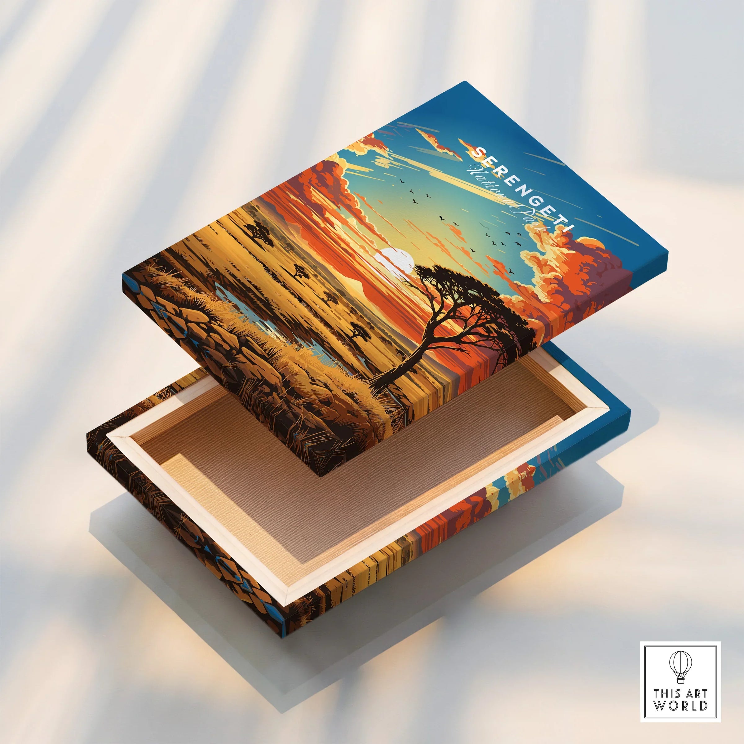 Serengeti National Park canvas print featuring sunset savanna and acacia tree art