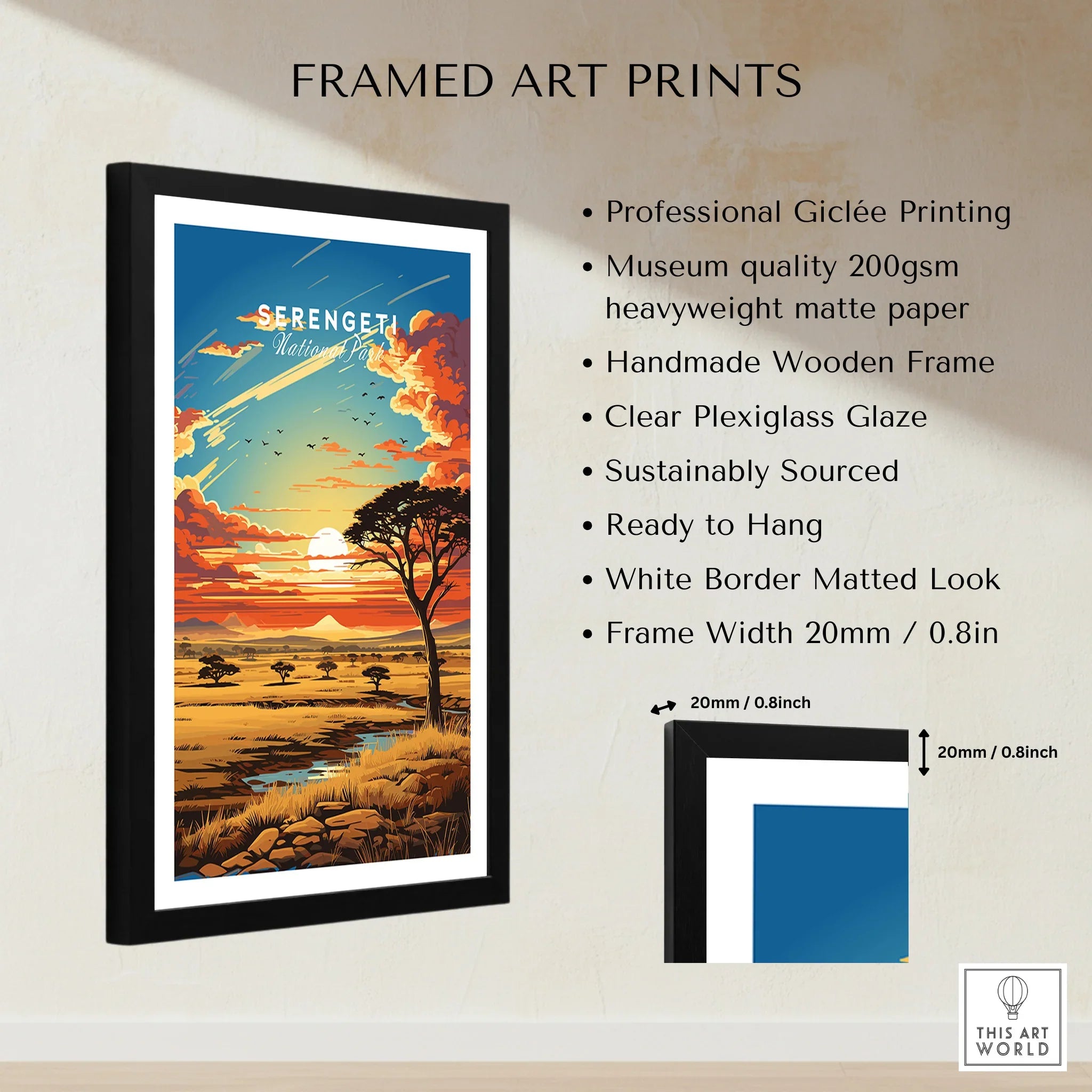 Framed Serengeti National Park art print with sunset landscape, tree, and product details
