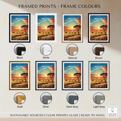Serengeti National Park art print with sunset savannah landscape in eight frame color options.