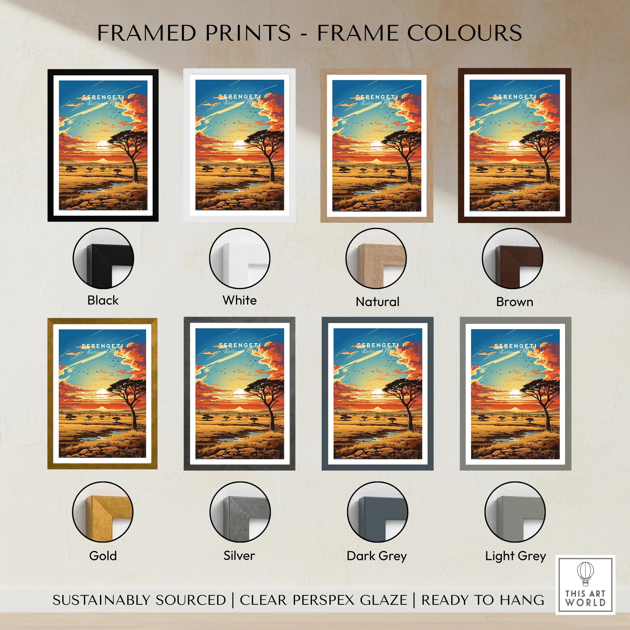 Serengeti National Park art print with sunset savannah landscape in eight frame color options.