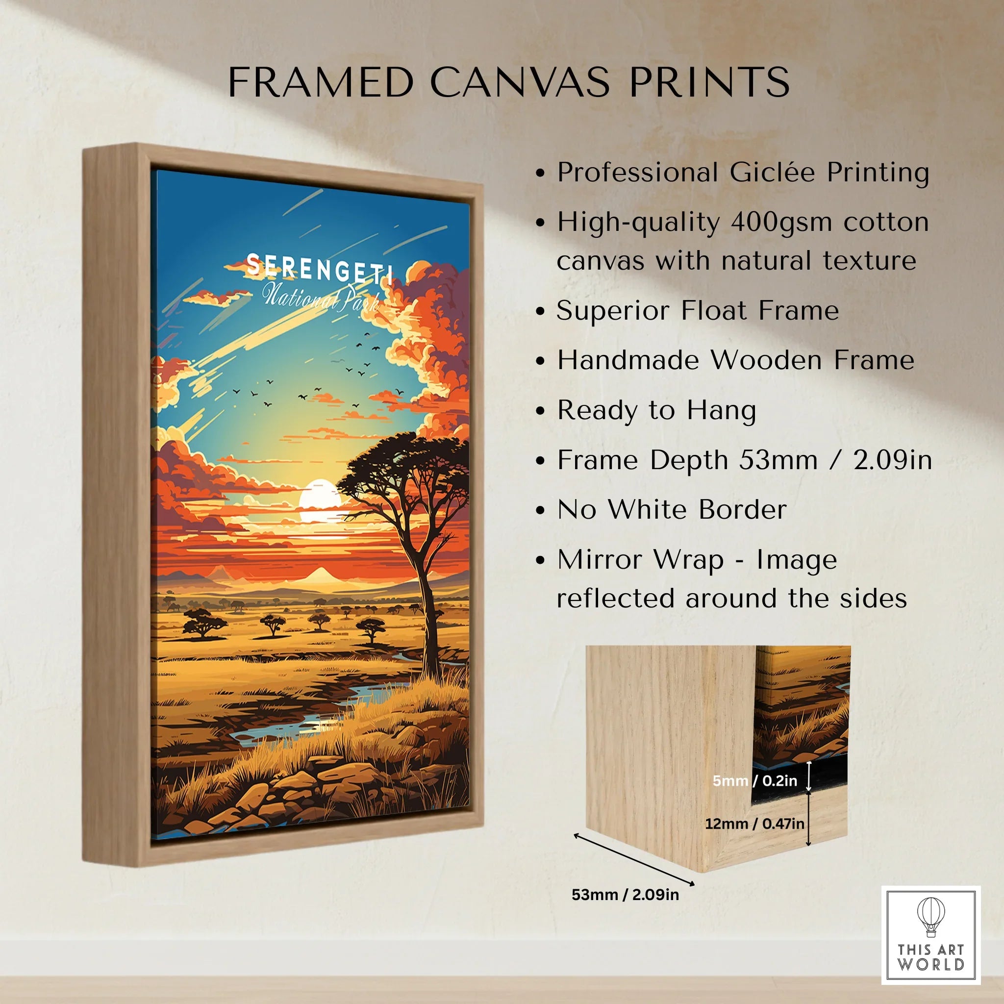 Framed Serengeti National Park wall art print with sunset, acacia tree, and quality canvas details