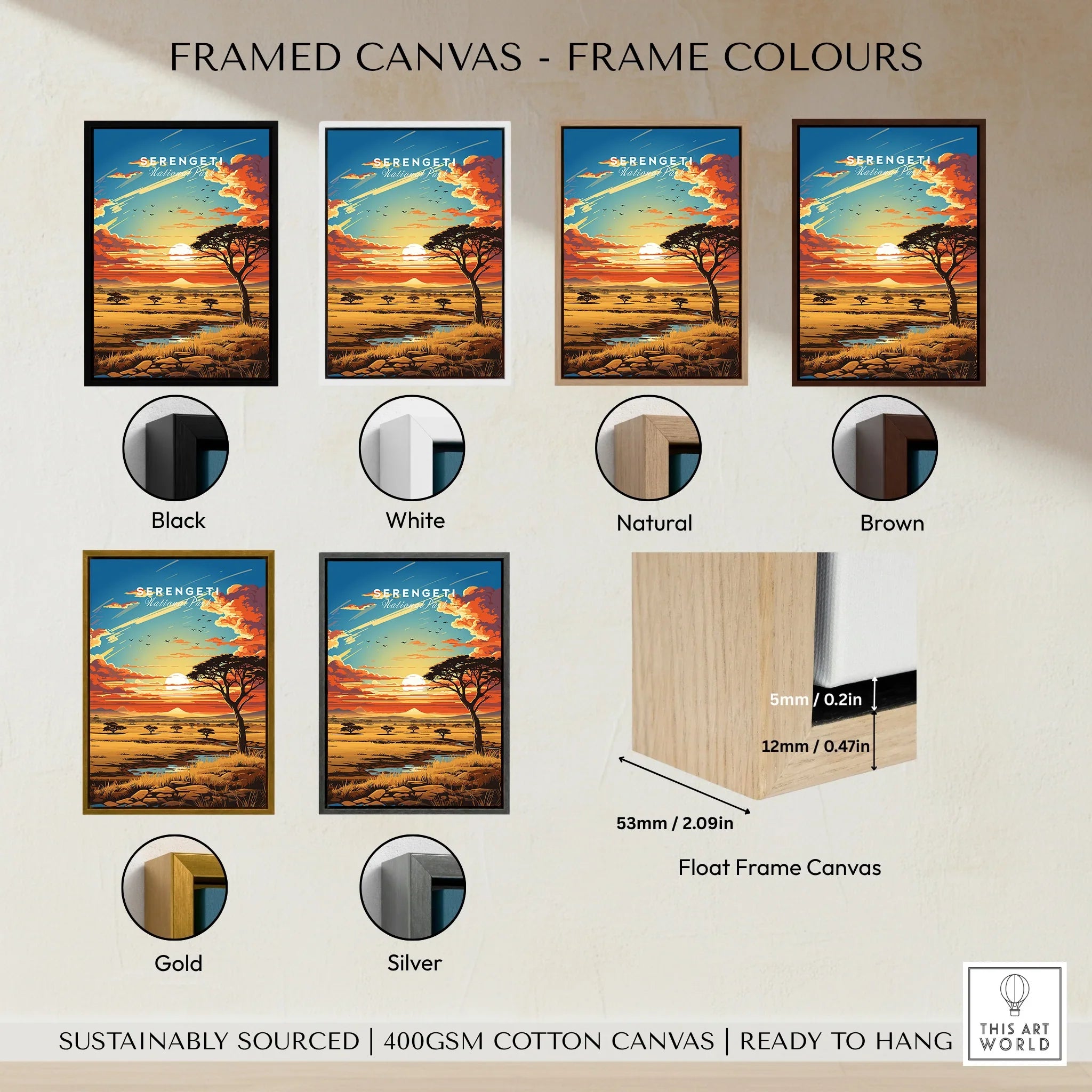 Serengeti National Park sunset canvas print with multiple frame color options