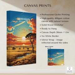 Serengeti National Park sunset canvas print with acacia trees, savanna, and dramatic clouds