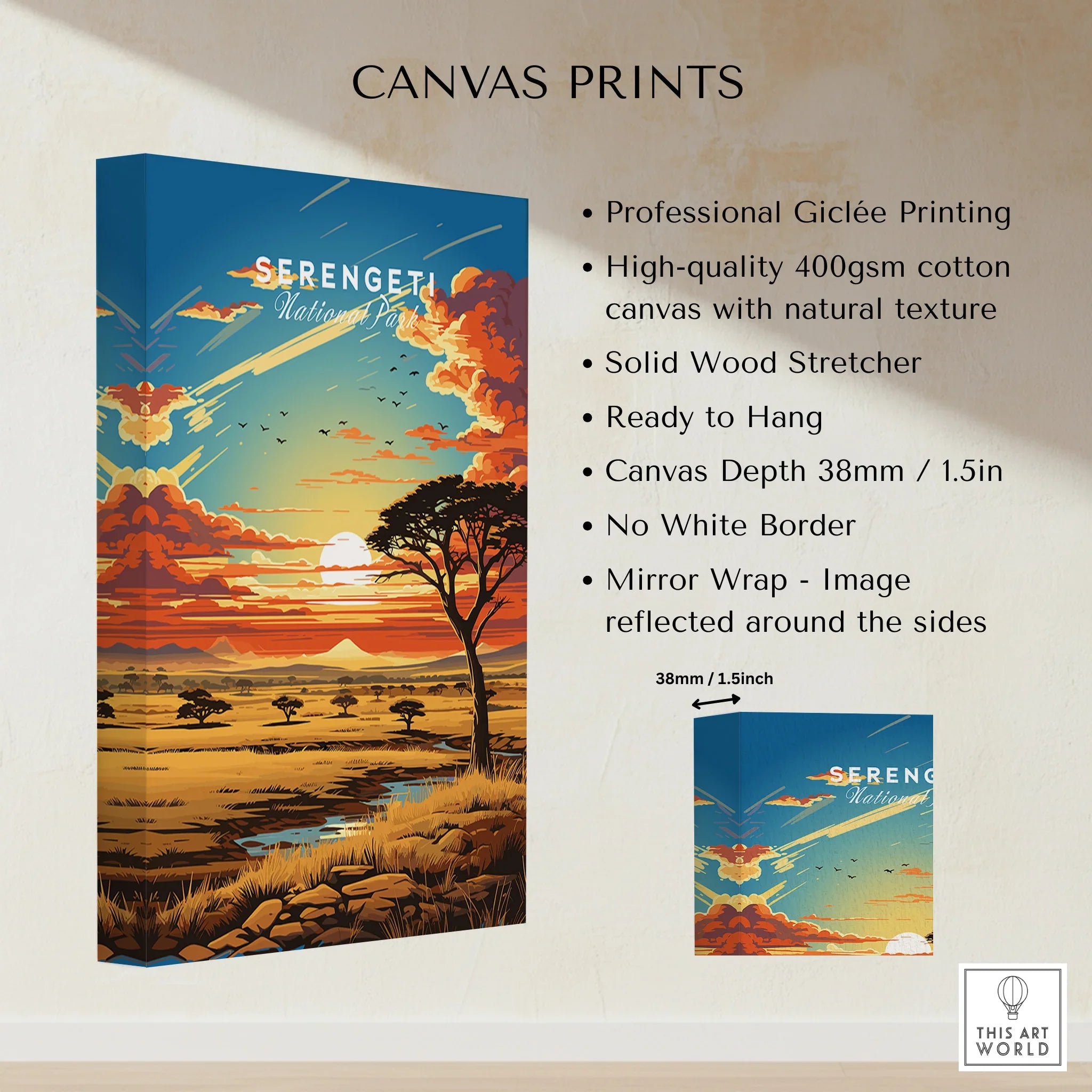 Serengeti National Park sunset canvas print with acacia trees, savanna, and dramatic clouds