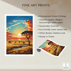 Serengeti National Park art print with vibrant sunset, acacia tree, and savanna landscape.