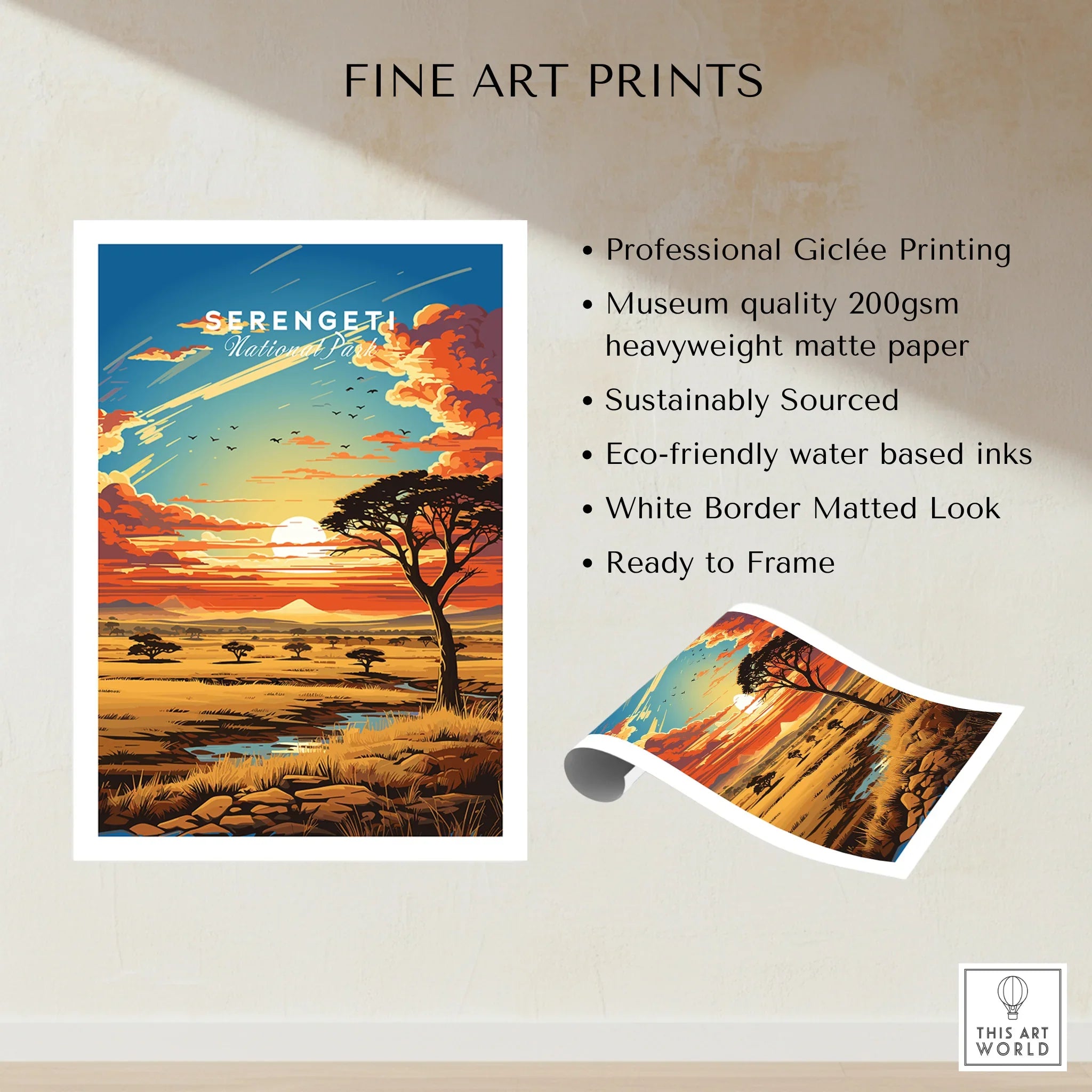 Serengeti National Park art print with vibrant sunset, acacia tree, and savanna landscape.