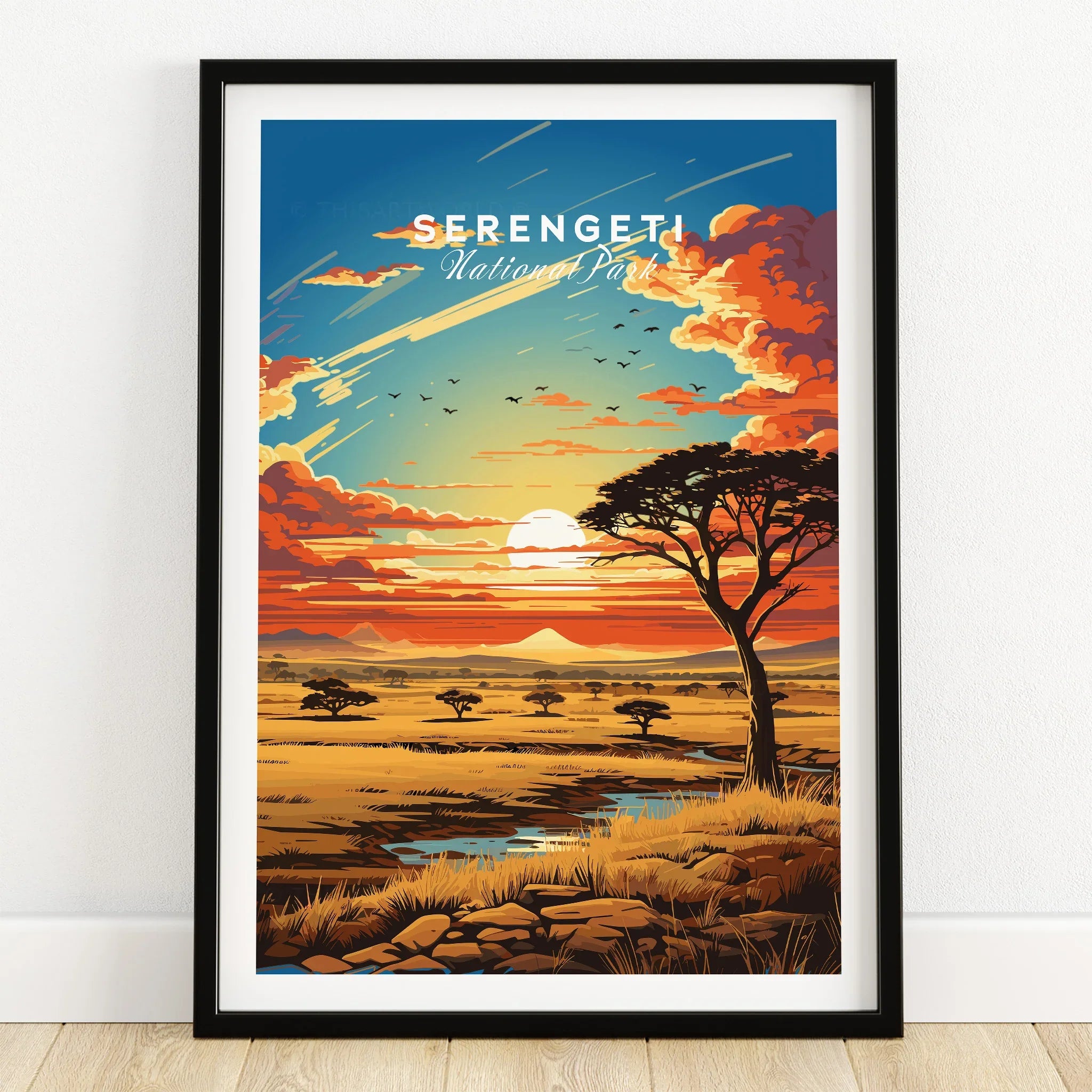 Serengeti National Park art print in black frame, sunset landscape with acacia tree and savanna.