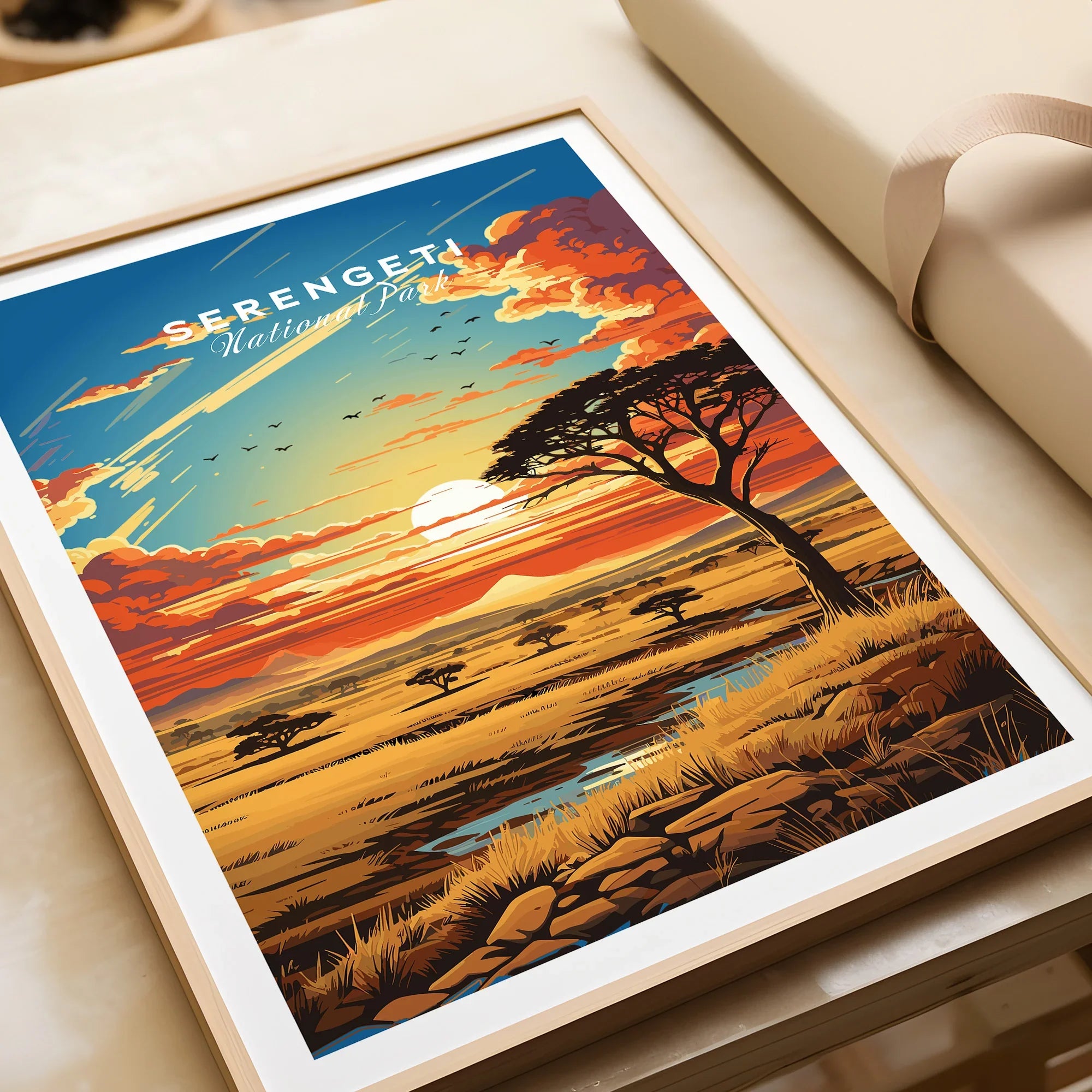 Serengeti National Park art print in natural frame, colorful sunset savanna landscape wall decor