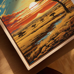 Serengeti National Park sunset art print in natural wood floating frame, landscape wall decor