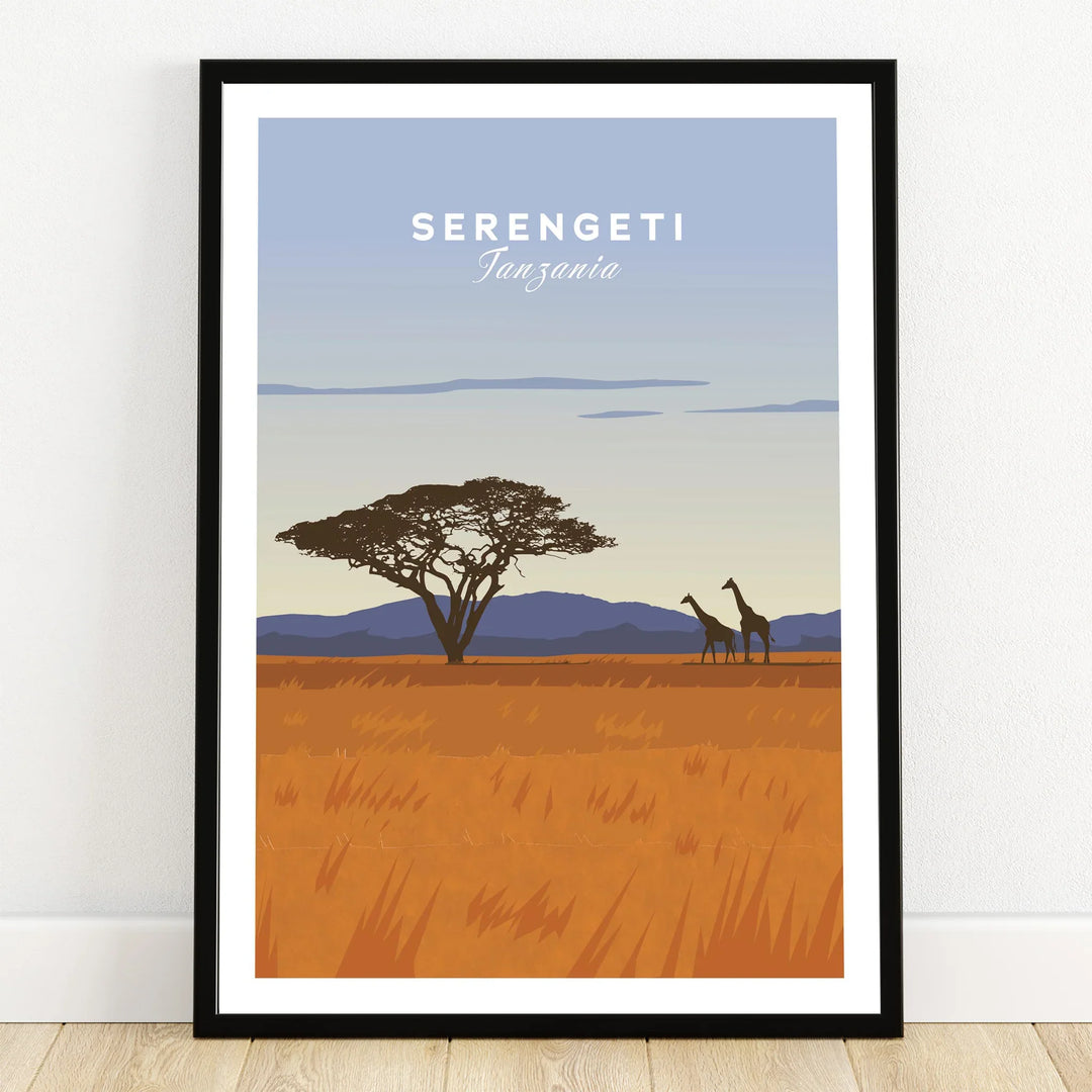Serengeti Tanzania travel poster with giraffes and acacia tree, ideal wall art for home decor