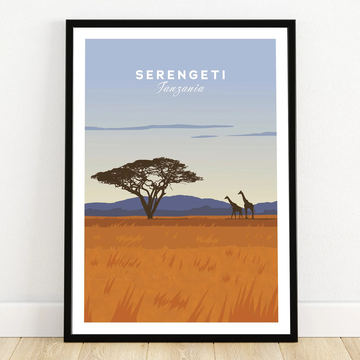 Serengeti Tanzania travel poster with giraffes and acacia tree, ideal wall art for home decor