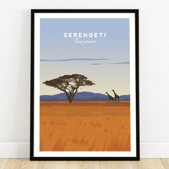 Serengeti Tanzania travel poster with giraffes and acacia tree, ideal wall art for home decor