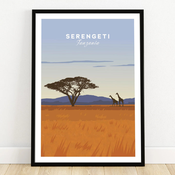 Serengeti Tanzania travel poster with giraffes and acacia tree, ideal wall art for home decor