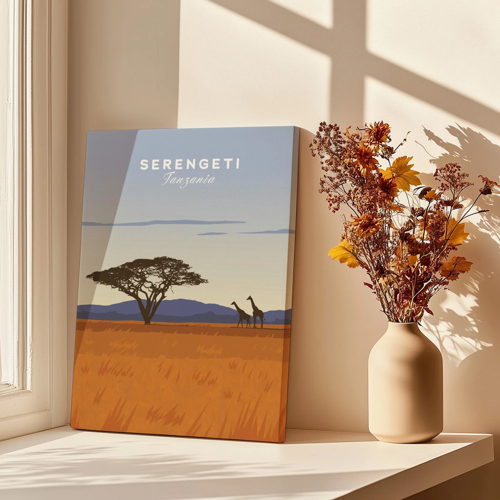Serengeti Tanzania travel poster with giraffes and acacia tree, perfect for home wall art decor.