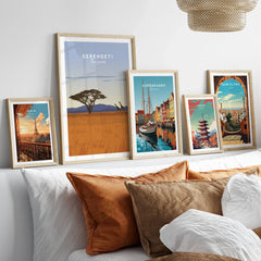 Travel posters of Paris, Serengeti, Copenhagen, Tokyo, and Barcelona for home decor wall art