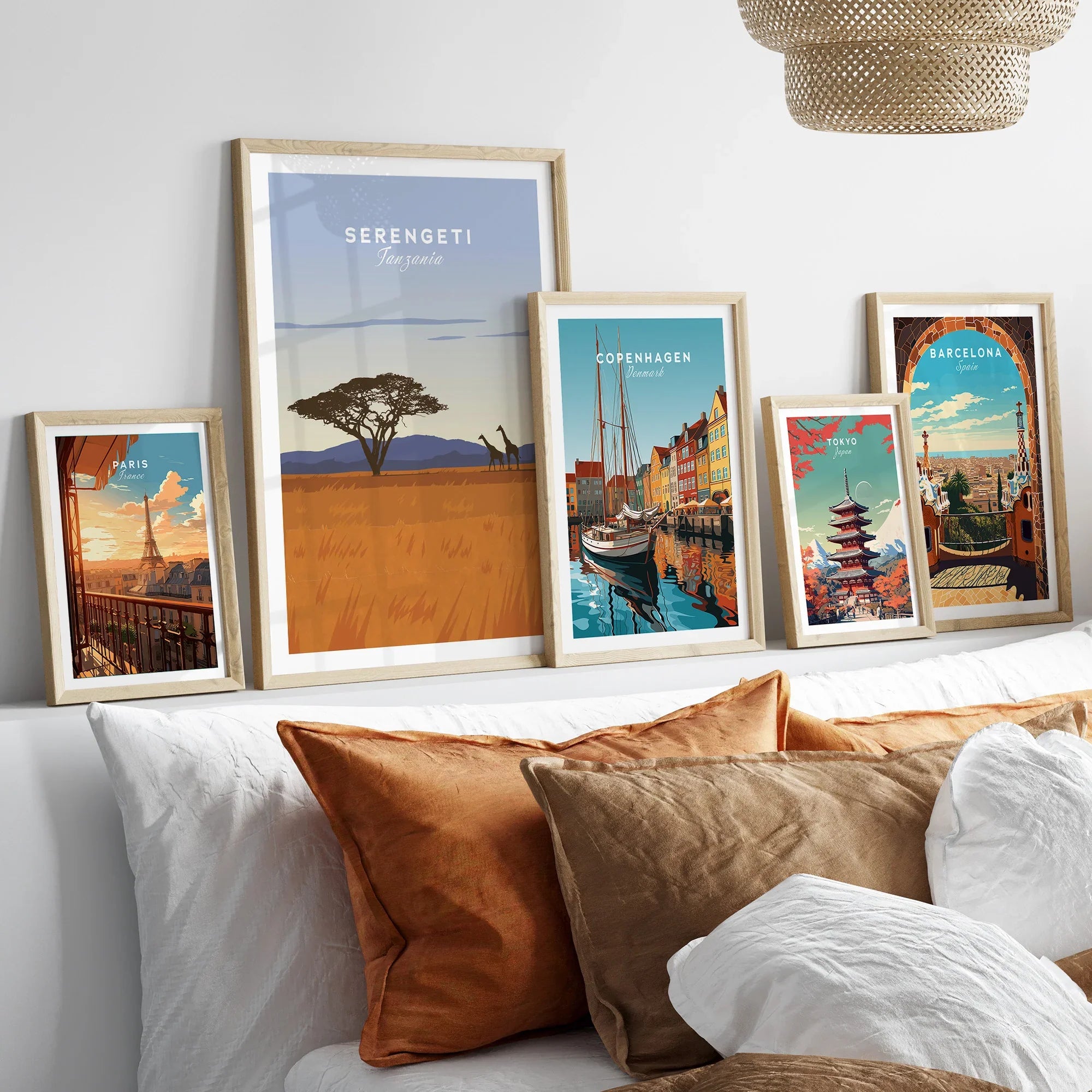 Travel posters of Paris, Serengeti, Copenhagen, Tokyo, and Barcelona for home decor wall art