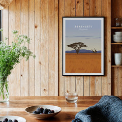 Serengeti Tanzania travel poster with giraffes and acacia tree, ideal wall art for home decor