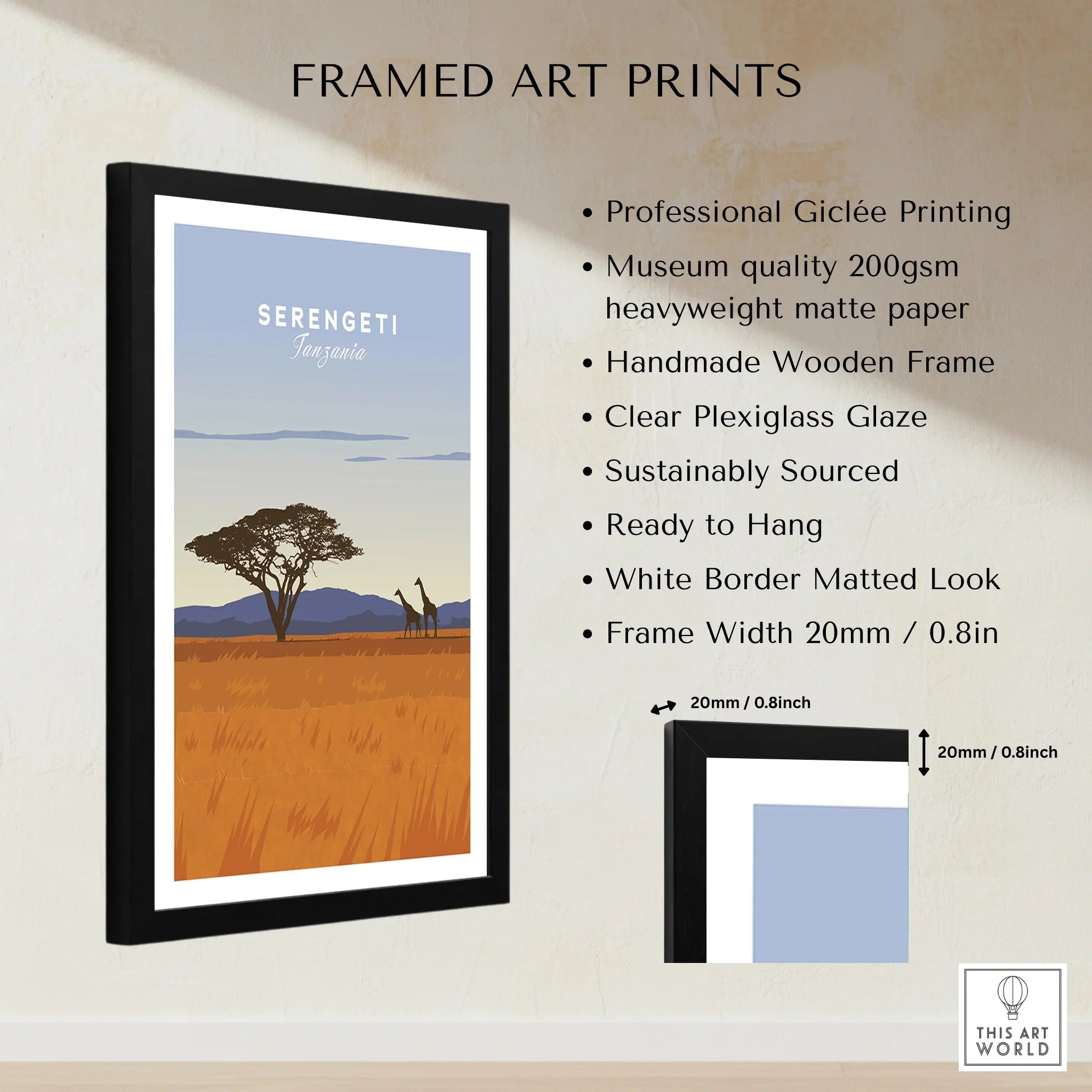 Serengeti Tanzania travel poster print with giraffes, acacia tree, and mountains in black frame for wall art decor