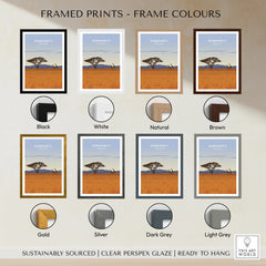 Serengeti Tanzania travel poster in 8 frame colors: black, white, natural, brown, gold, silver, dark grey, light grey