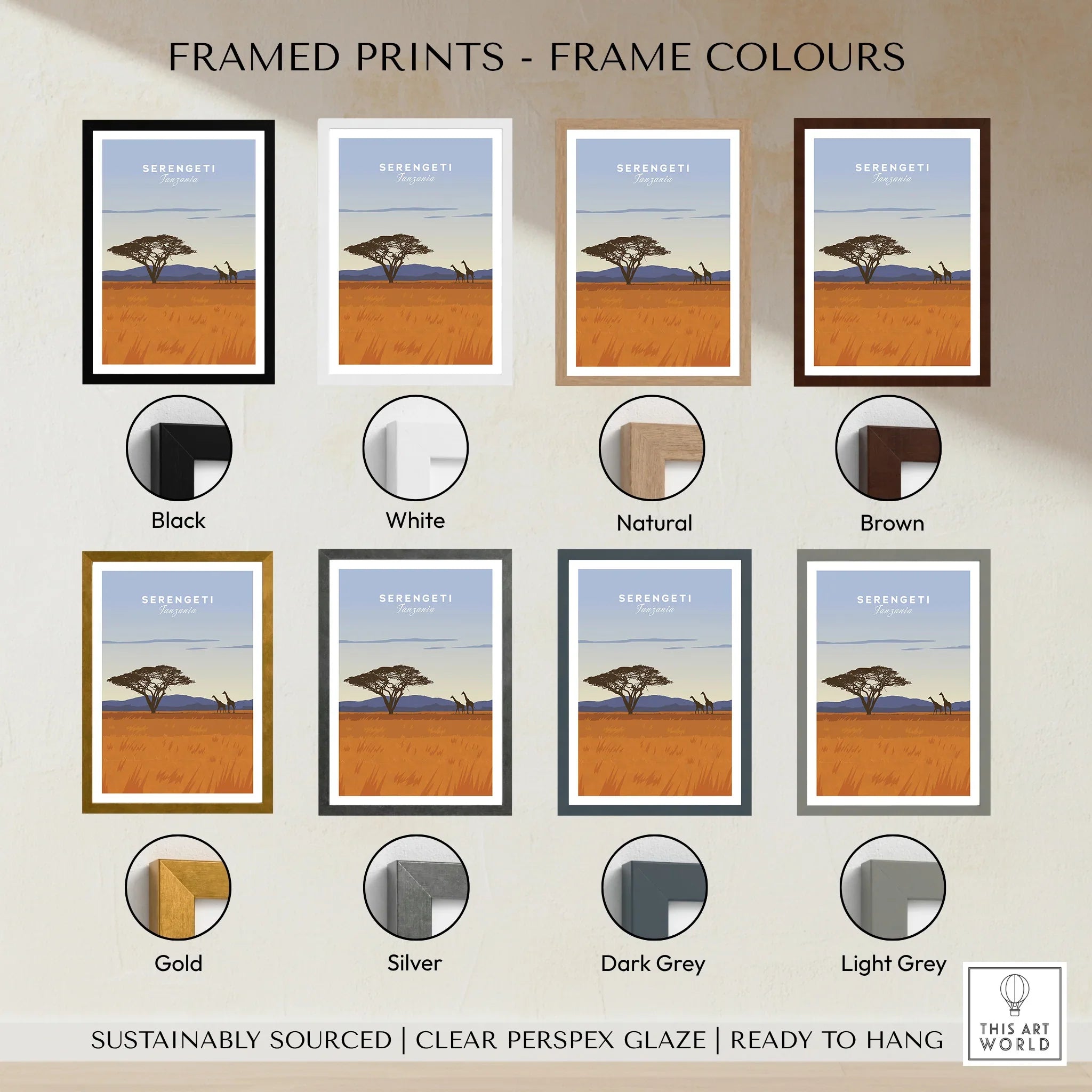 Serengeti Tanzania travel poster in 8 frame colors: black, white, natural, brown, gold, silver, dark grey, light grey