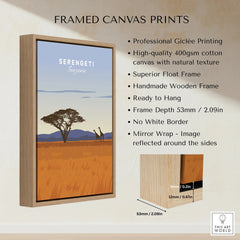Serengeti Tanzania travel poster with giraffes and acacia tree, framed canvas wall art for home decor
