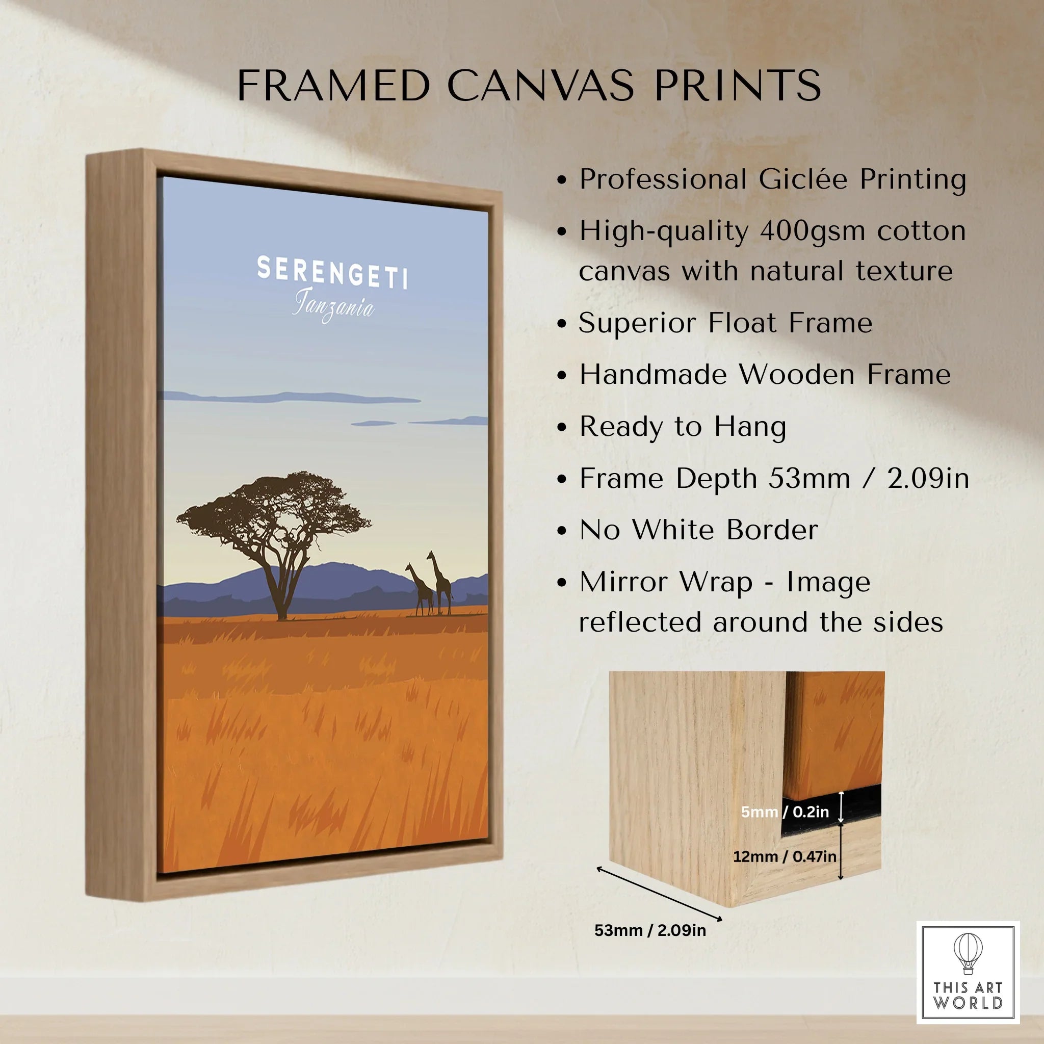 Serengeti Tanzania travel poster with giraffes and acacia tree, framed canvas wall art for home decor