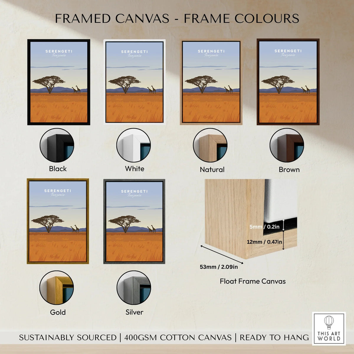 Serengeti Tanzania travel poster in black, white, natural, brown, gold, or silver float frame canvas wall art
