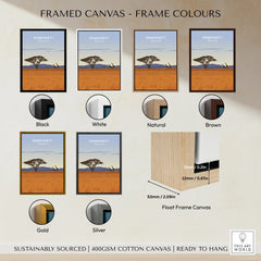 Serengeti Tanzania travel poster in black, white, natural, brown, gold, or silver float frame canvas wall art