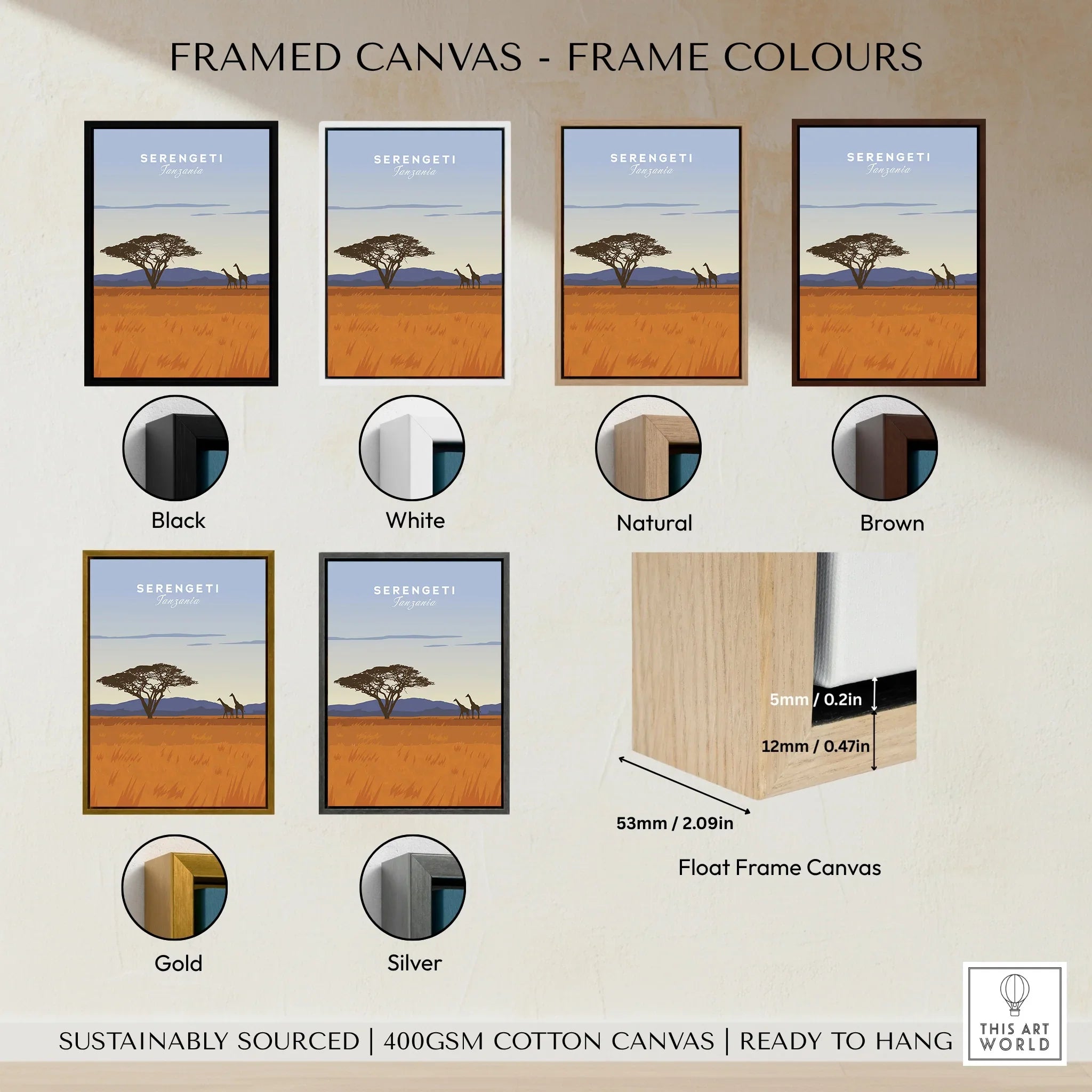 Serengeti Tanzania travel poster in black, white, natural, brown, gold, or silver float frame canvas wall art