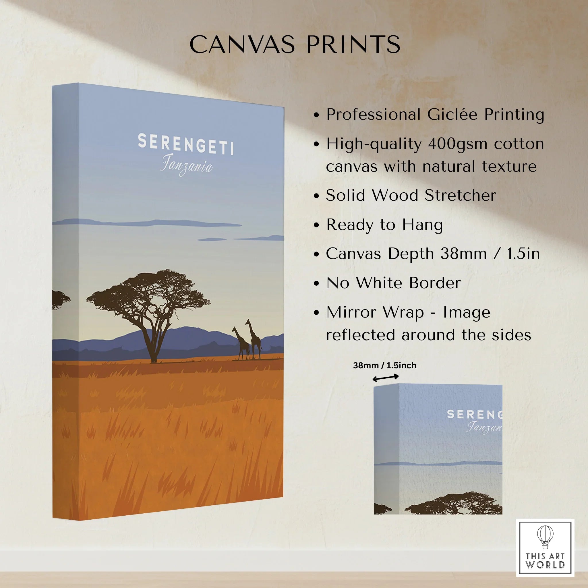 Serengeti Tanzania canvas print with giraffes and acacia tree, ready to hang wall art for home decor