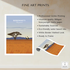 Serengeti Tanzania travel poster with giraffes and acacia tree, fine art print for wall decor