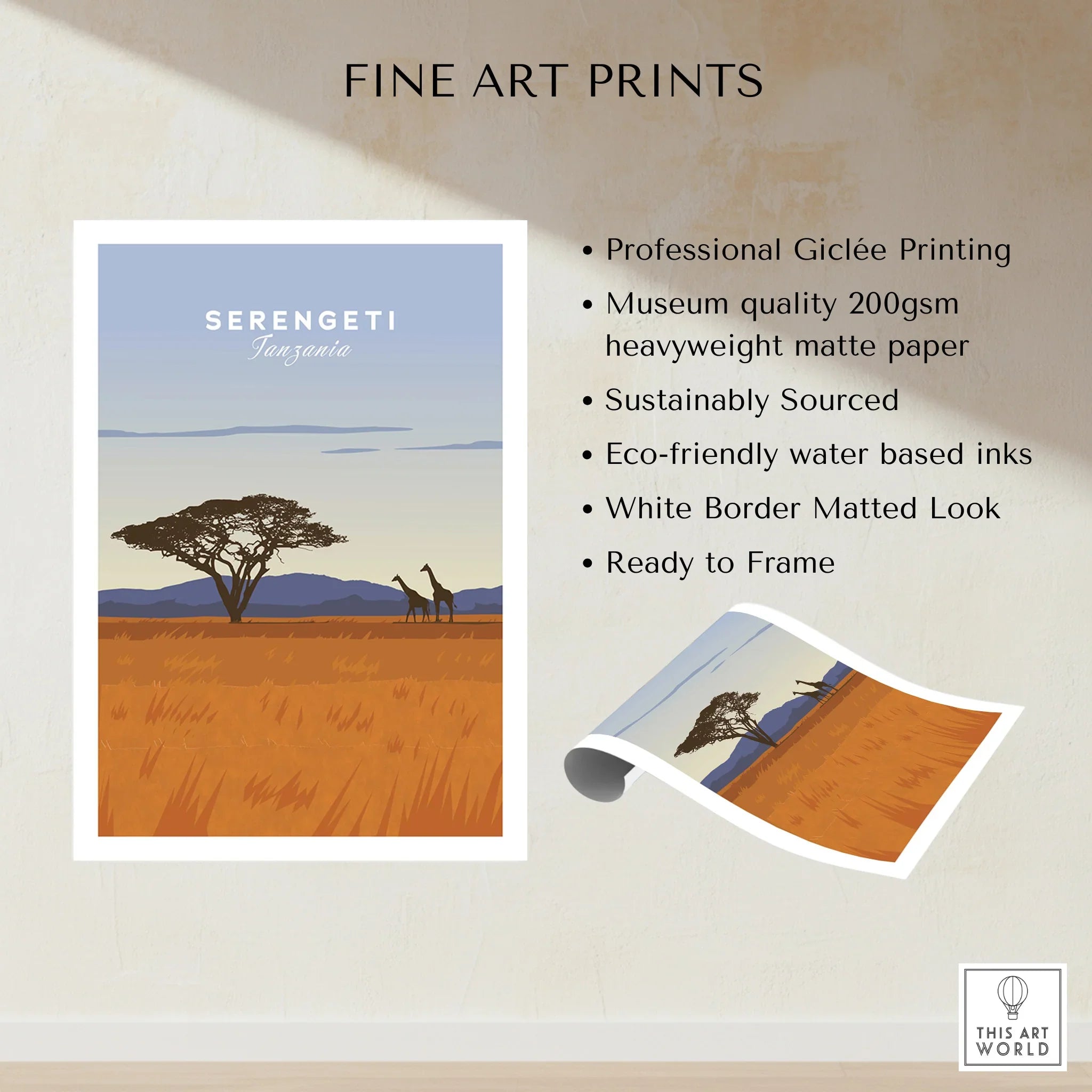 Serengeti Tanzania travel poster with giraffes and acacia tree, fine art print for wall decor