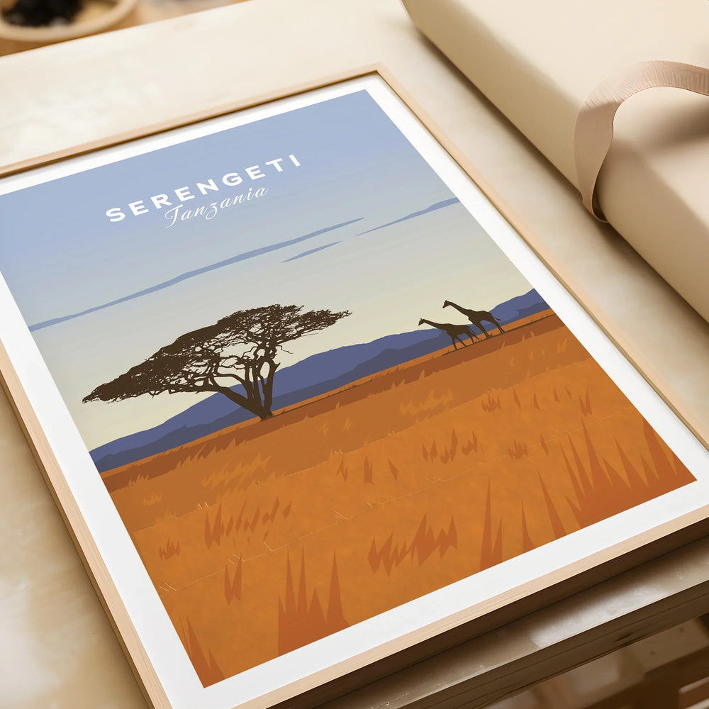 Serengeti Tanzania travel poster with giraffes and acacia tree, perfect wall art for home decor