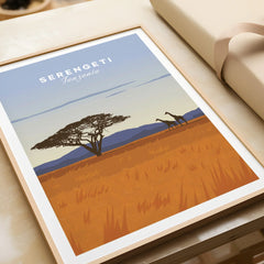 Serengeti Tanzania travel poster with giraffes and acacia tree, perfect wall art for home decor