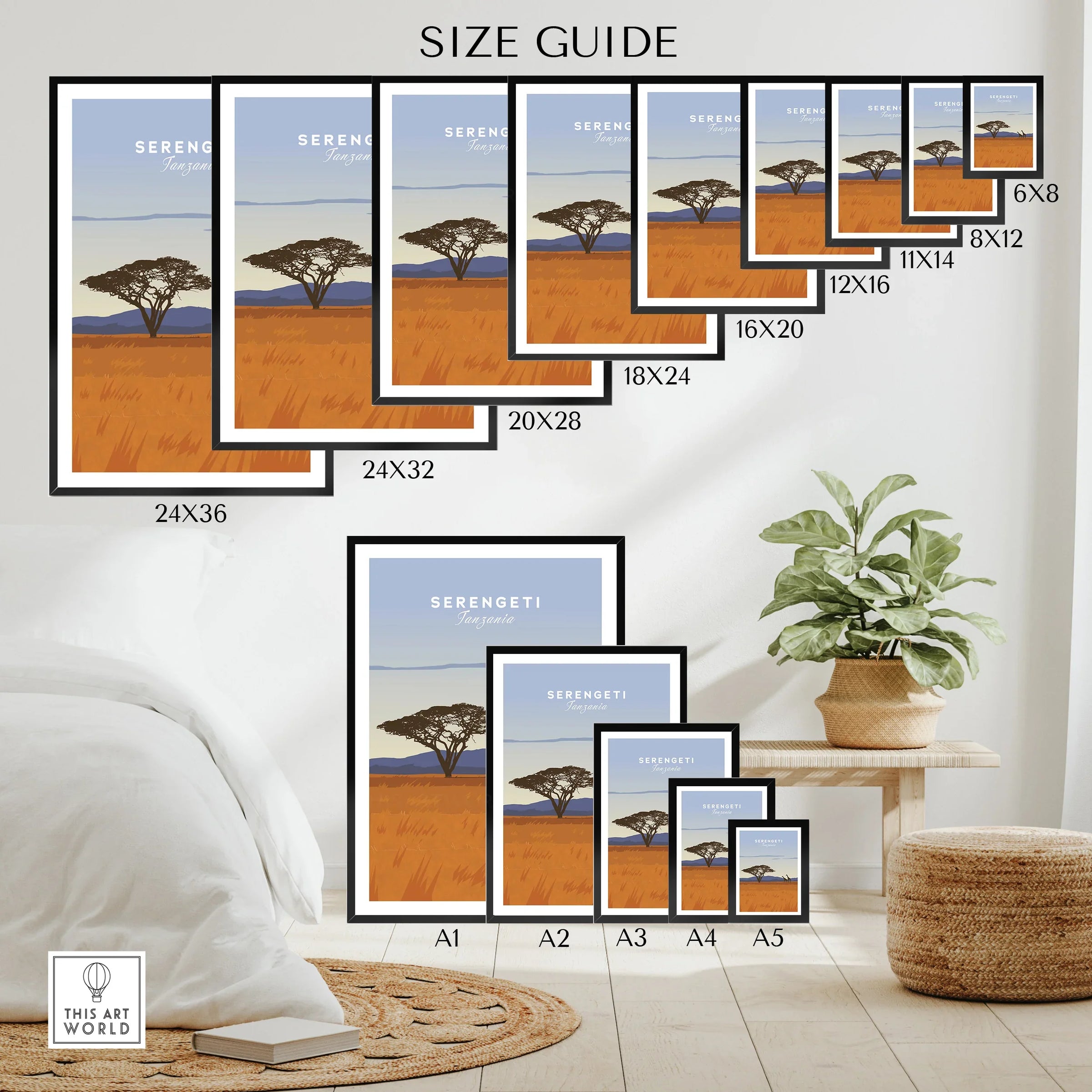 Serengeti Tanzania travel poster size guide for wall art, featuring framed prints in various dimensions.