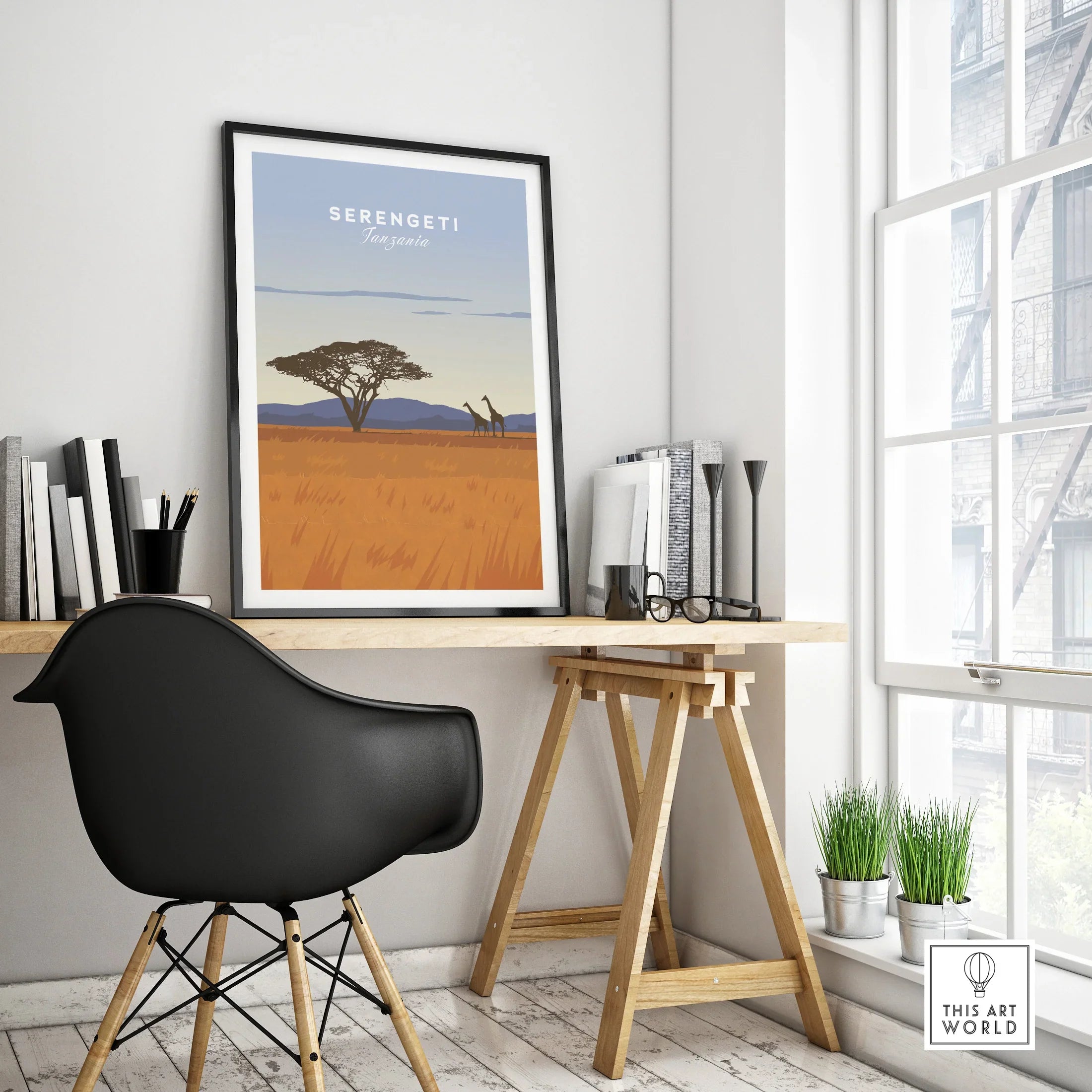 Serengeti Tanzania travel poster with giraffes and acacia tree, perfect for home decor wall art