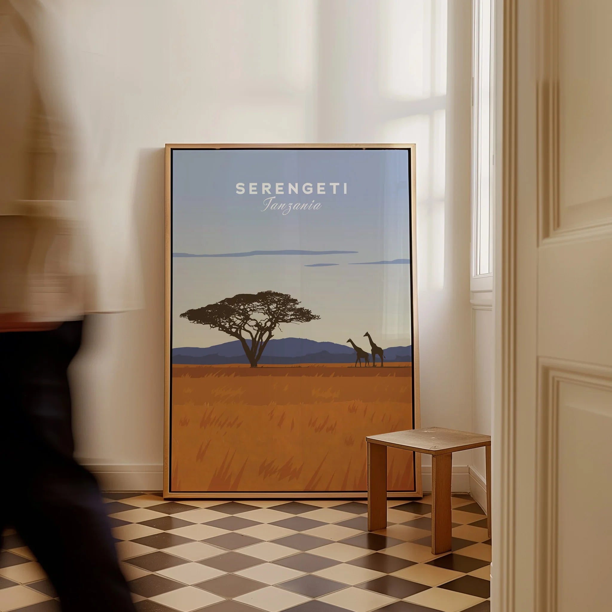 Serengeti Tanzania travel poster with giraffes and acacia tree, ideal wall art for home decor