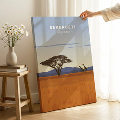 Serengeti Tanzania travel poster with giraffes and acacia tree, ideal wall art for home decor