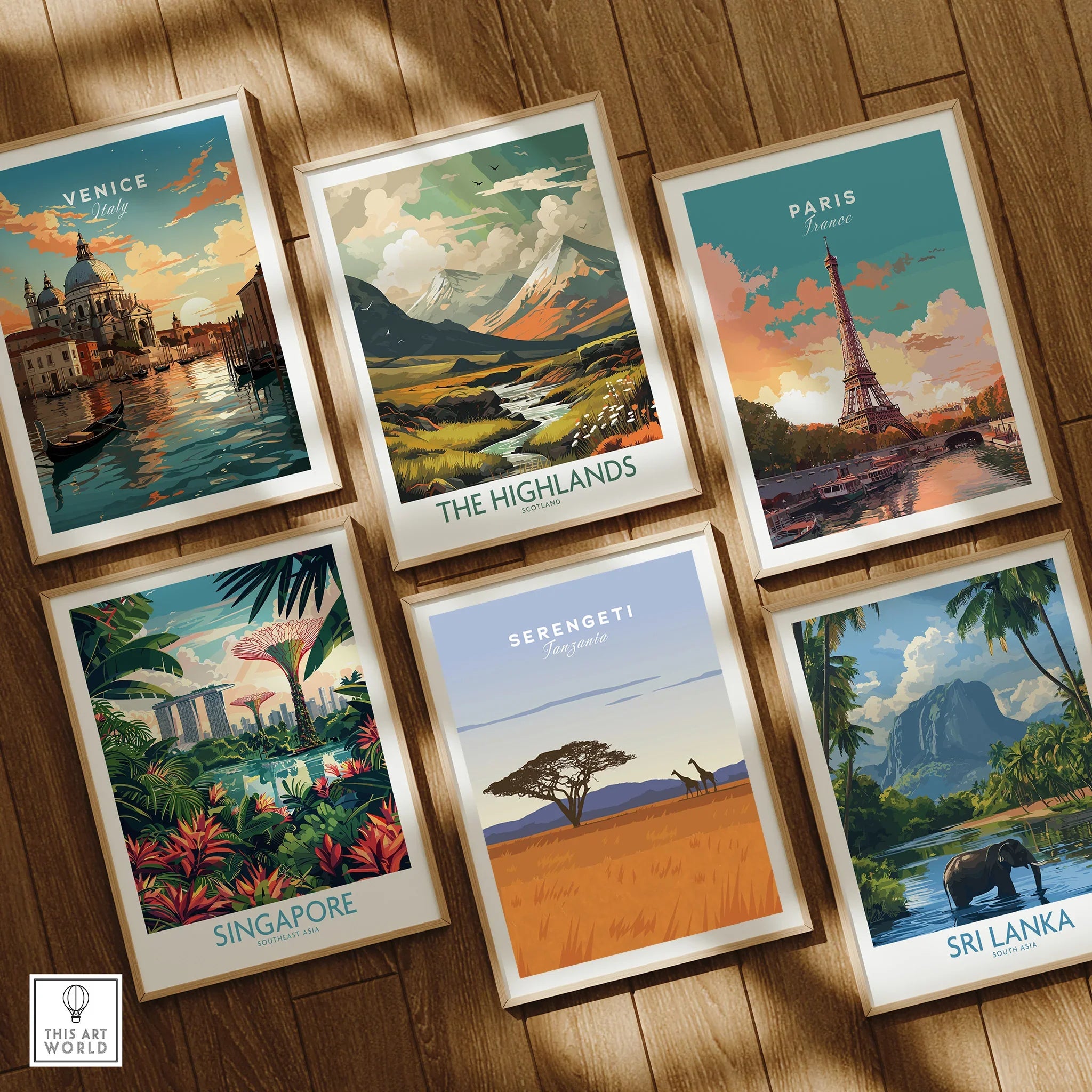 Framed travel posters of Venice, Paris, Highlands, Singapore, Serengeti, Sri Lanka for wall art decor